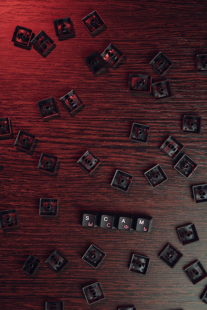 Scattered keyboard keys spelling SCAM on a red-lit wooden surface, symbolizing online fraud.